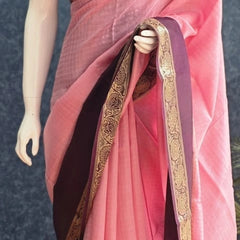Checks Baby Pink Purple Tussar Silk Saree