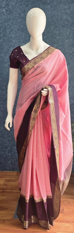 Checks Baby Pink Purple Tussar Silk Saree