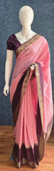 Checks Baby Pink Purple Tussar Silk Saree