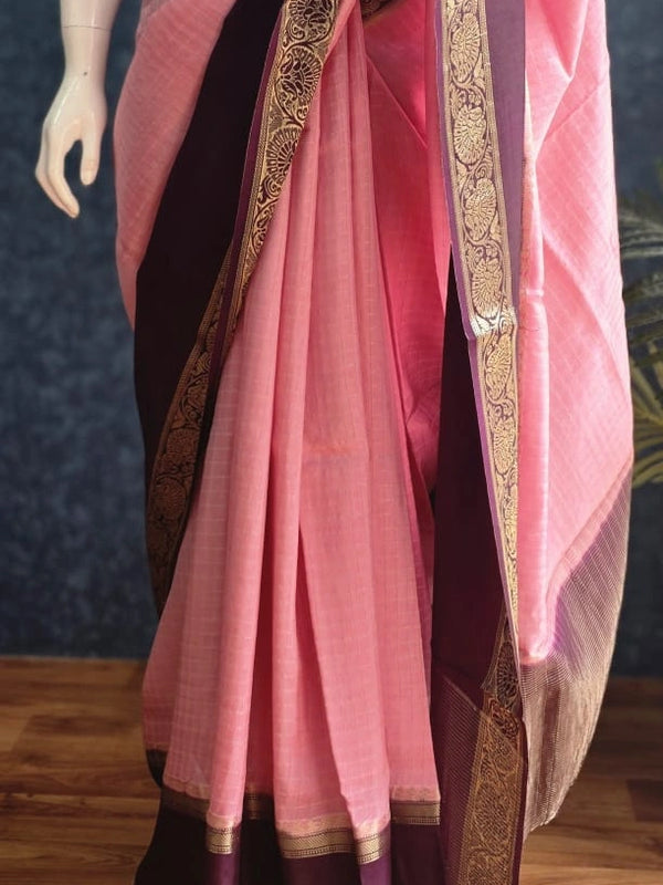 Checks Baby Pink Purple Tussar Silk Saree
