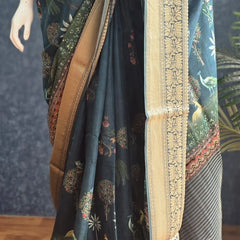 Pichwai Digital Prints Peacock Blue Dola Silk Saree