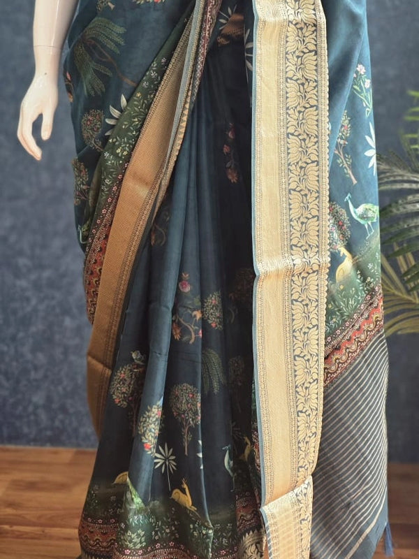 Pichwai Digital Prints Peacock Blue Dola Silk Saree