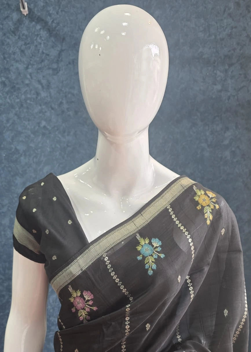 Tussar Silk Flower Black