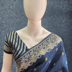 Tussar Silk Rose Flower Teal Blue