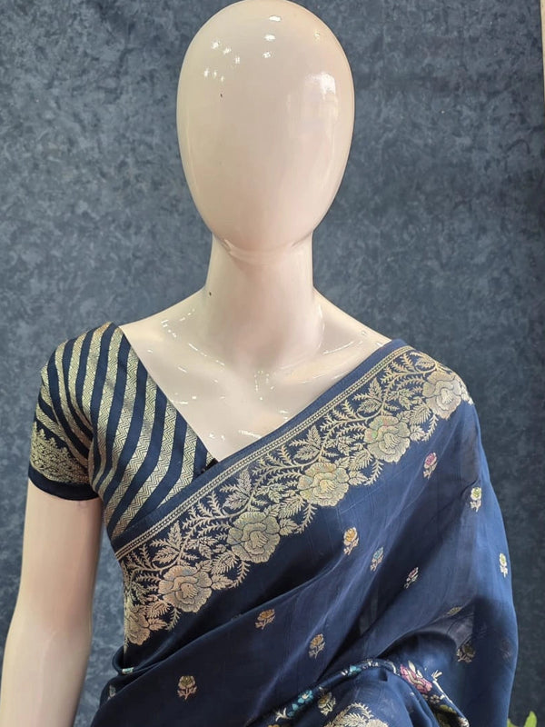 Tussar Silk Rose Flower Teal Blue