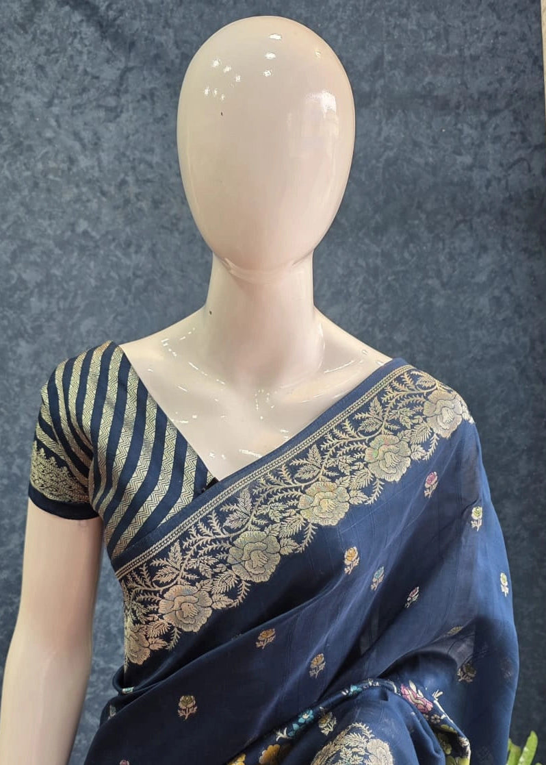 Tussar Silk Rose Flower Teal Blue