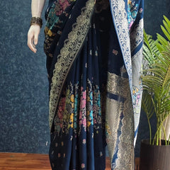 Tussar Silk Rose Flower Teal Blue
