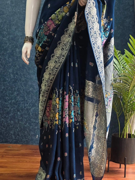 Tussar Silk Rose Flower Teal Blue