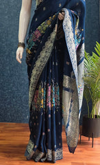 Tussar Silk Rose Flower Teal Blue