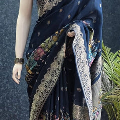 Tussar Silk Rose Flower Teal Blue