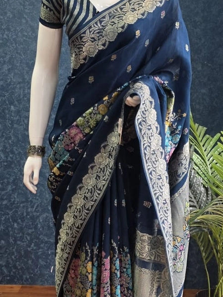 Tussar Silk Rose Flower Teal Blue