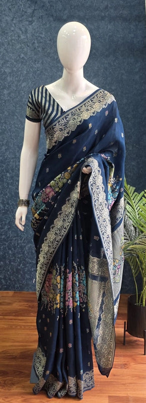 Tussar Silk Rose Flower Teal Blue
