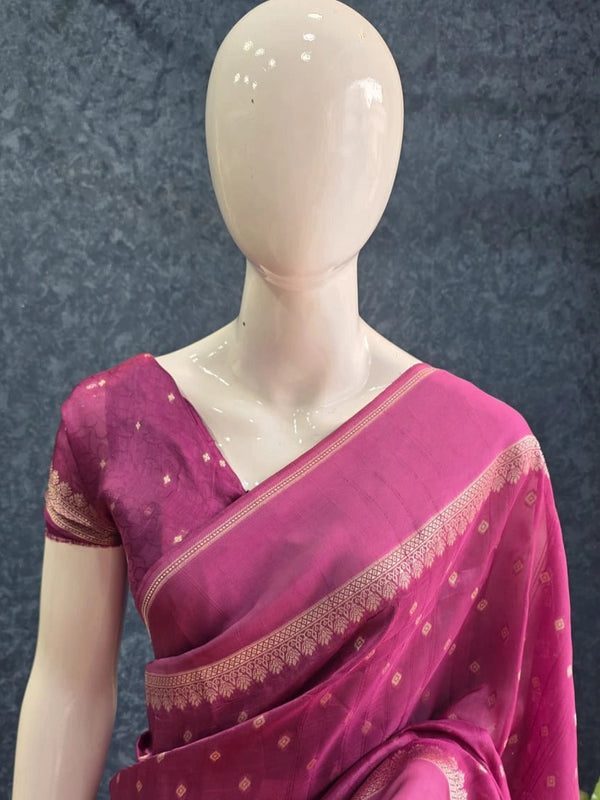Butta Magenta Pink Tussar Silk Saree