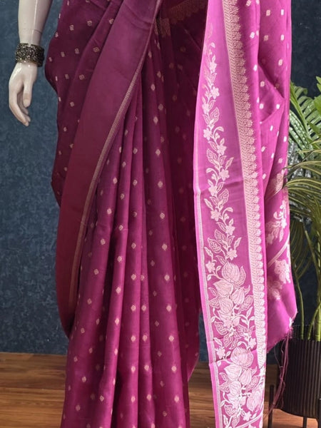 Butta Magenta Pink Tussar Silk Saree