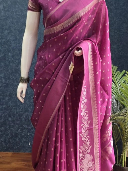 Butta Magenta Pink Tussar Silk Saree