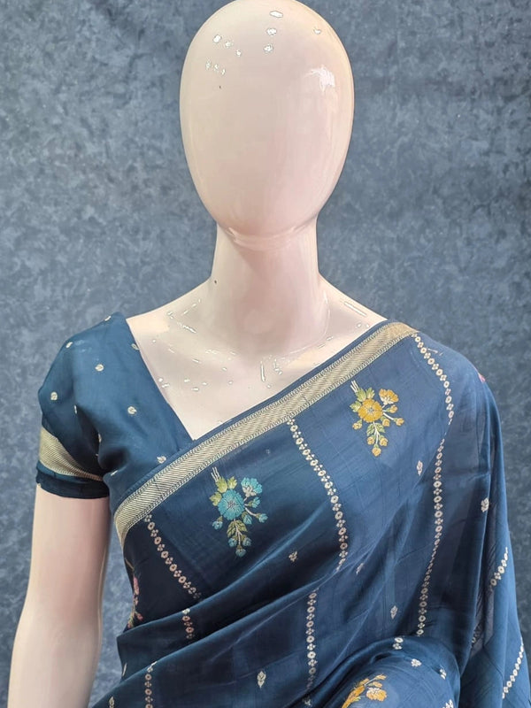 Butta Teal Blue Tussar Saree