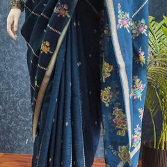 Butta Teal Blue Tussar Saree