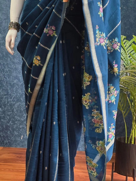 Butta Teal Blue Tussar Saree