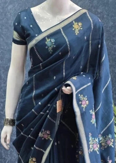 Butta Teal Blue Tussar Saree