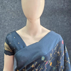 Flower Teal Blue Tussar Silk Saree