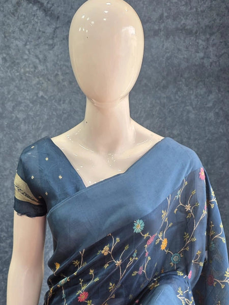 Flower Teal Blue Tussar Silk Saree