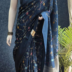 Flower Teal Blue Tussar Silk Saree