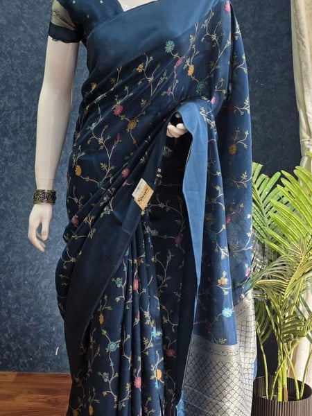 Flower Teal Blue Tussar Silk Saree