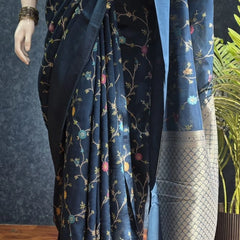 Flower Teal Blue Tussar Silk Saree