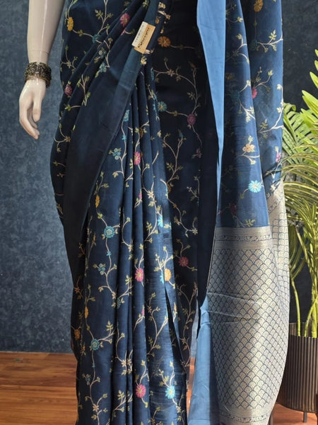 Flower Teal Blue Tussar Silk Saree