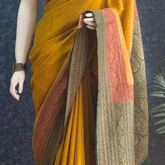 3D Mustard Red Green Pure Banarasi Saree