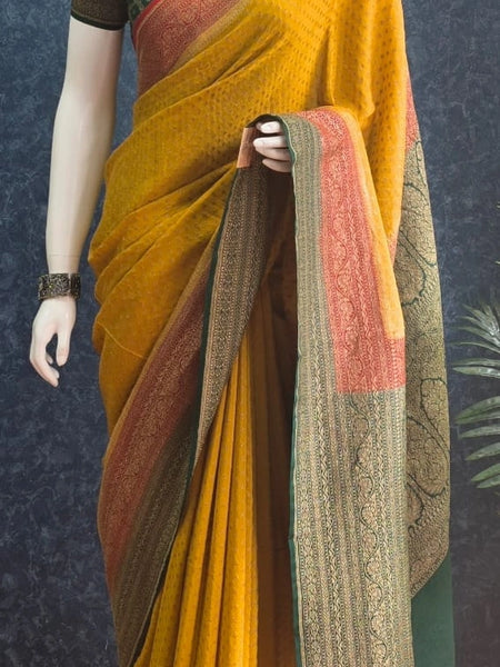 3D Mustard Red Green Pure Banarasi Saree
