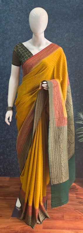 3D Mustard Red Green Pure Banarasi Saree
