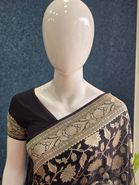 Khaddi Gorgette Black Pure Banarasi Saree