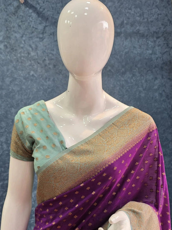 Contrast Purple Aqua Blue Semi Silk Saree