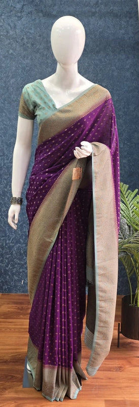 Contrast Purple Aqua Blue Semi Silk Saree