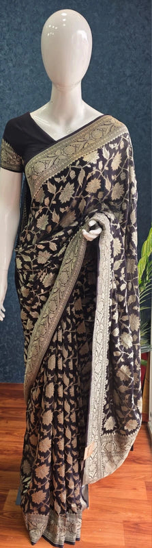 Khaddi Gorgette Black Pure Banarasi Saree