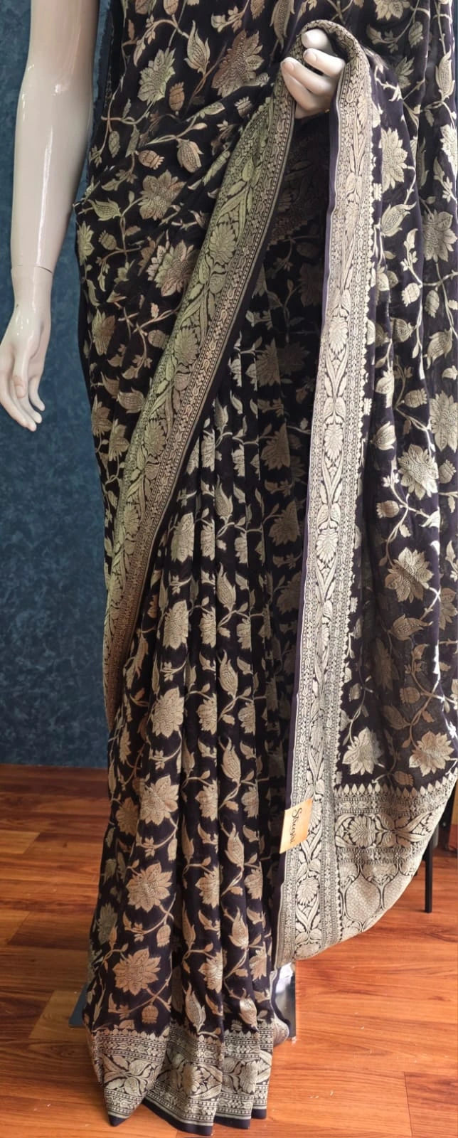 Pure banarasi khaddi gorgette- black