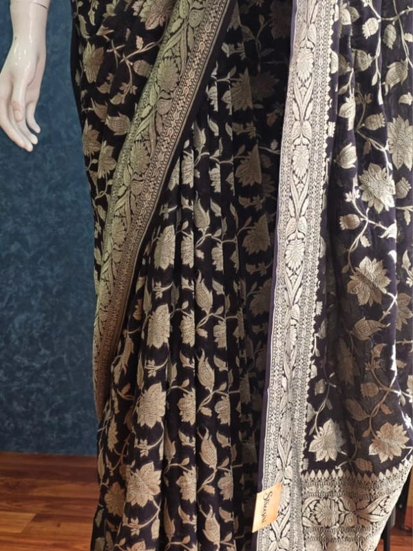 Khaddi Gorgette Black Pure Banarasi Saree