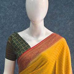 3D Mustard Red Green Pure Banarasi Saree
