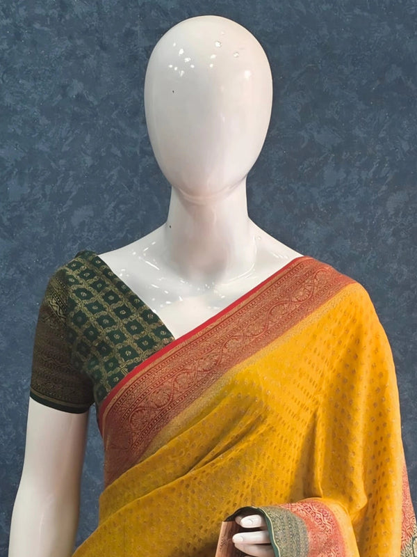 3D Mustard Red Green Pure Banarasi Saree