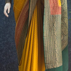 3D Mustard Red Green Pure Banarasi Saree