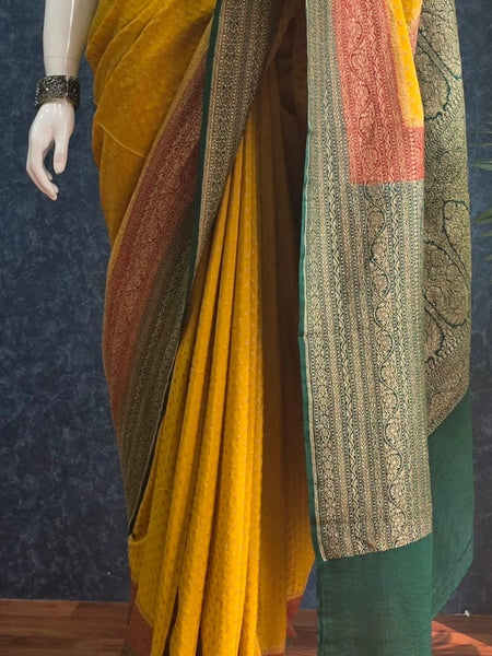 3D Mustard Red Green Pure Banarasi Saree