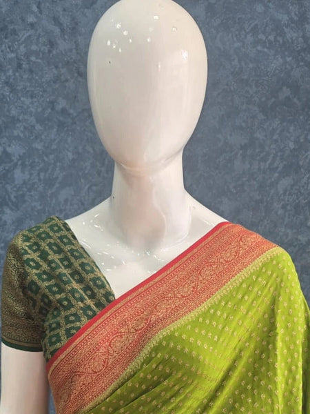 3D parrot Green Red Pure Banarasi Saree
