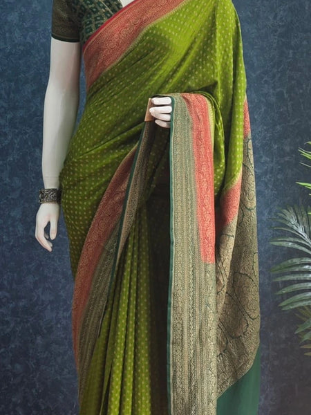 3D parrot Green Red Pure Banarasi Saree