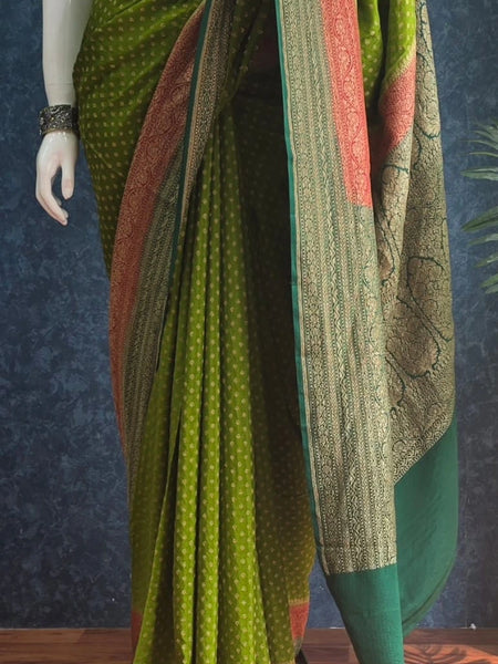 3D parrot Green Red Pure Banarasi Saree