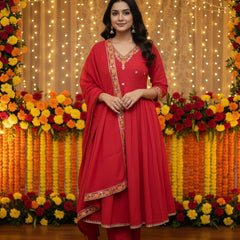 Floral 3Piece Red Cotton Suit