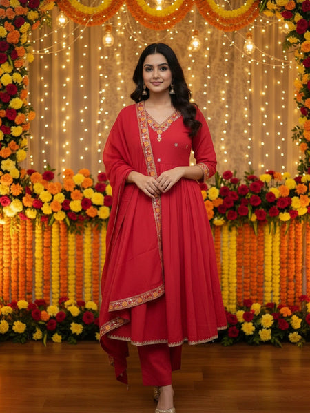 Floral 3Piece Red Cotton Suit