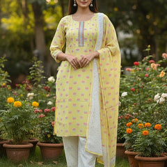 Floral 3 Piece Light Yellow Cotton Suit
