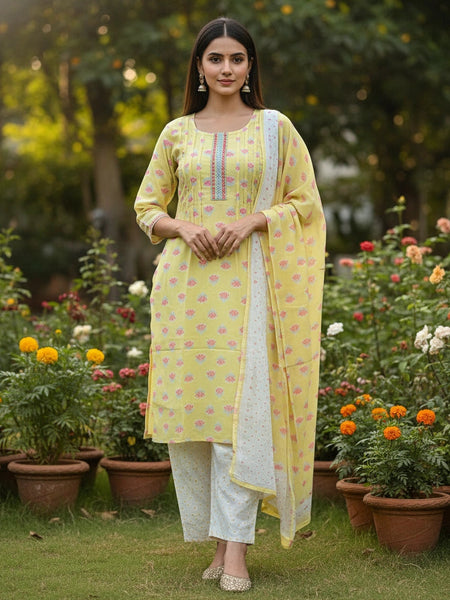 Floral 3 Piece Light Yellow Cotton Suit