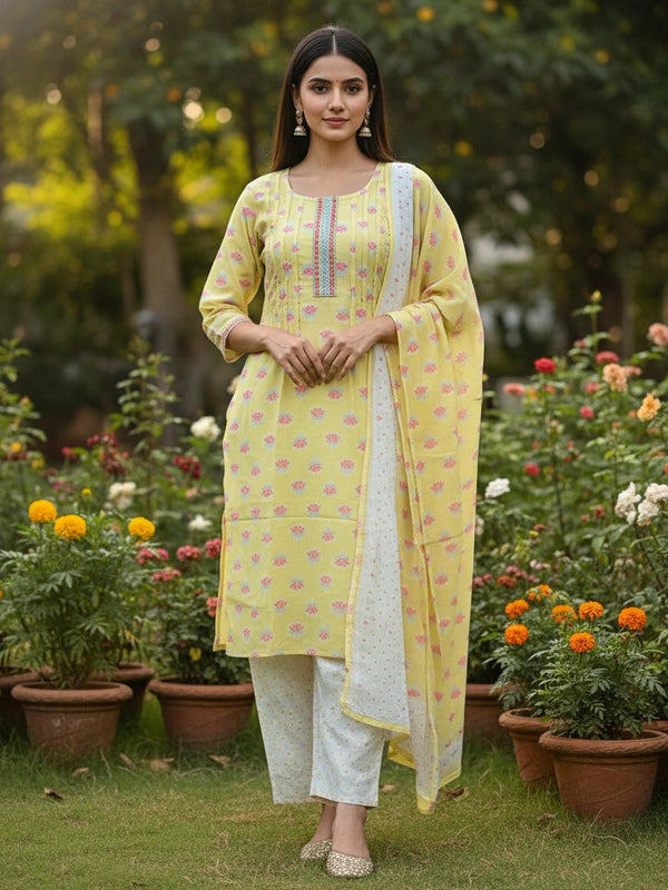 Floral 3 Piece Light Yellow Cotton Suit